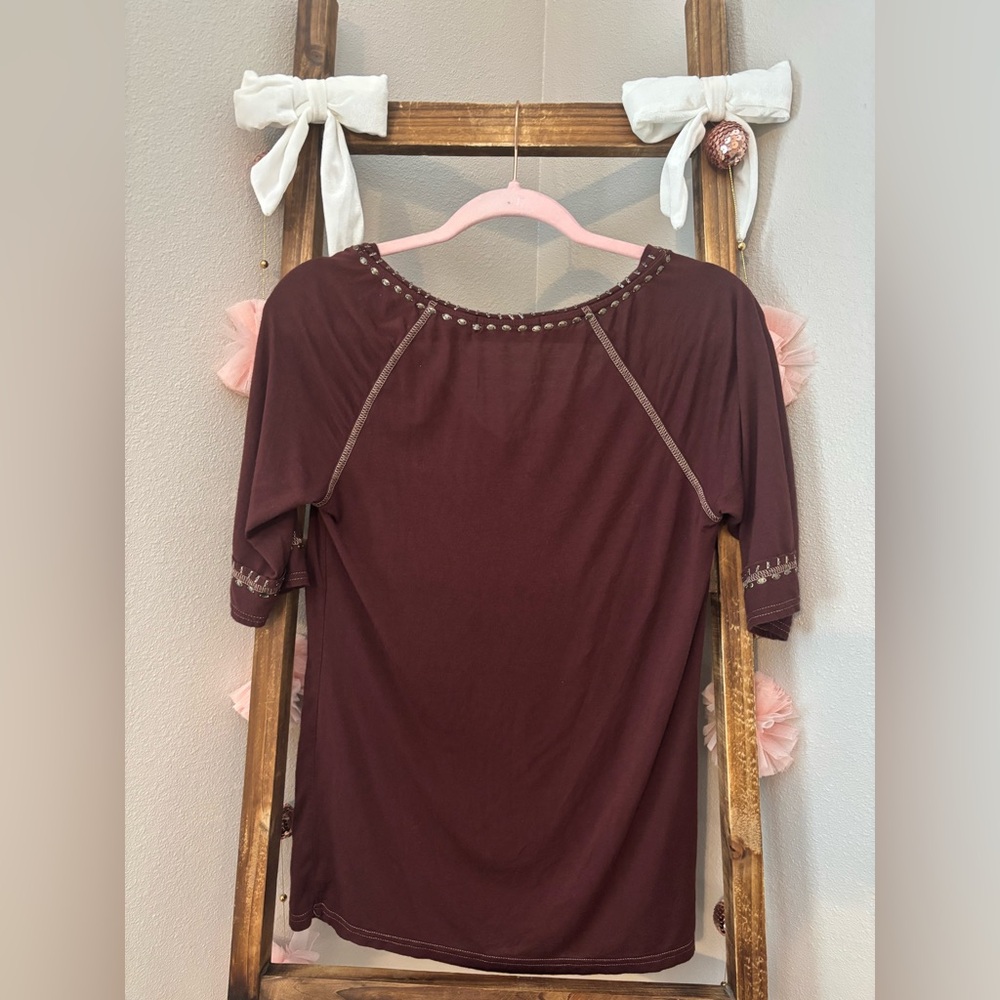BKE Boutique Embellished Western Boho Country V-Neck 3/4 Sleeve Top M - Picture 6 of 8
